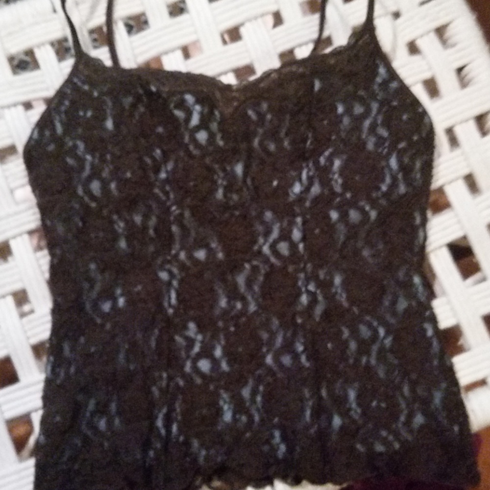 Brown lace camisole with blue lining and built-in